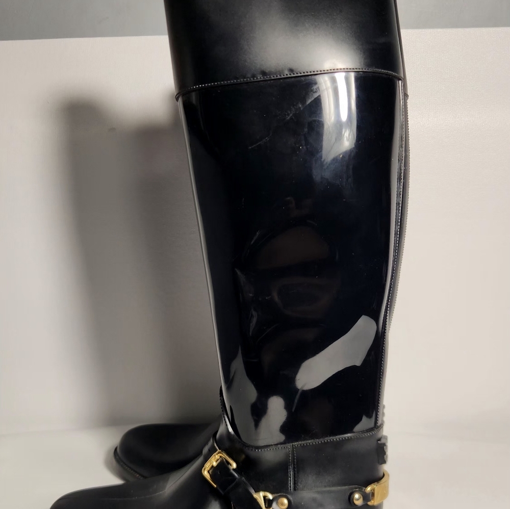 Jimmy Choo CHESHIRE Riding Black Gold Knee High Rain Boots Rubber Women Size 39 - Picture 3 of 14